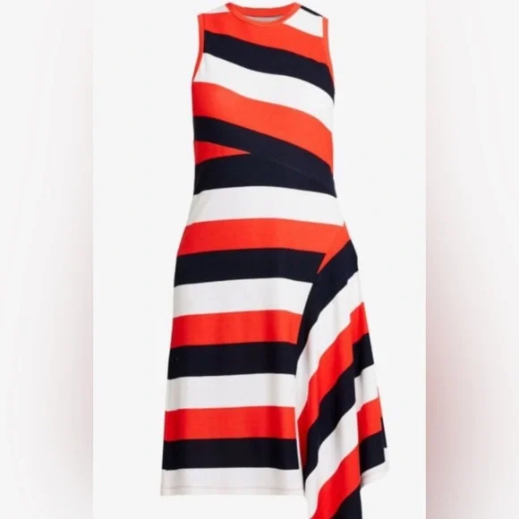 Banana Republic Asymmetrical Orange, Navy, and Cream Dress- Size Large Tall - Picture 6 of 14